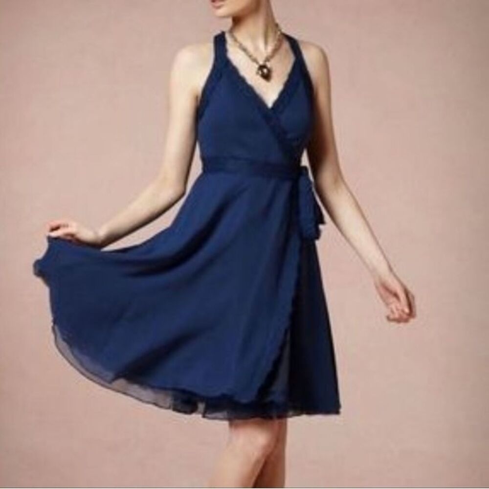 Anthropologie BHLDN Va Et Vien Blue Silk Wrap Dress V Neck Womens 6 Party SUmmer